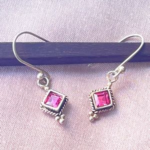 .925 Sterling Silver Pink Crystal Petite Dangle Earrings